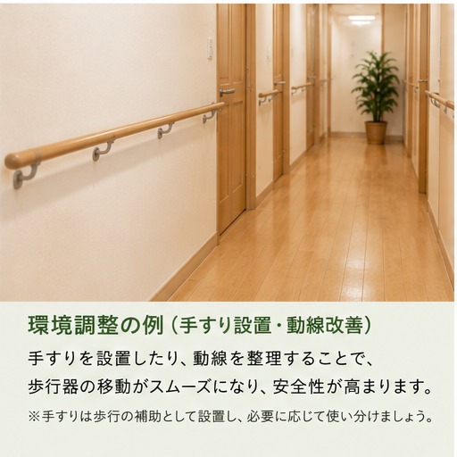 手すりを設置した廊下。歩行器での移動がスムーズになった環境調整の例