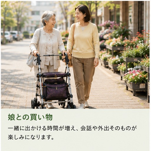 シルバーカーを使いながら娘と一緒に買い物を楽しむ高齢女性
