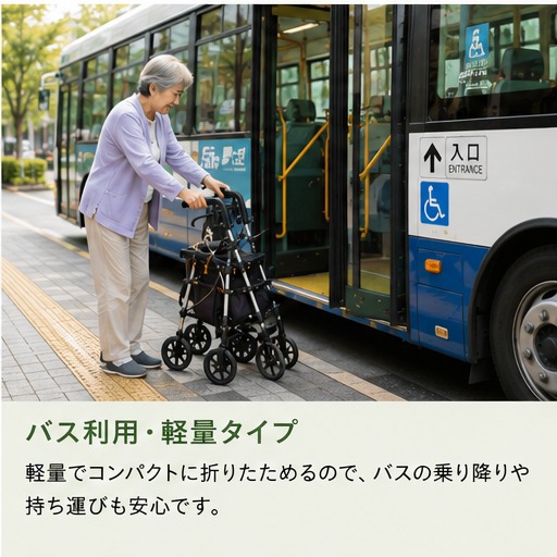 バスに乗り降りする際に軽量折りたたみシルバーカーを使う高齢女性