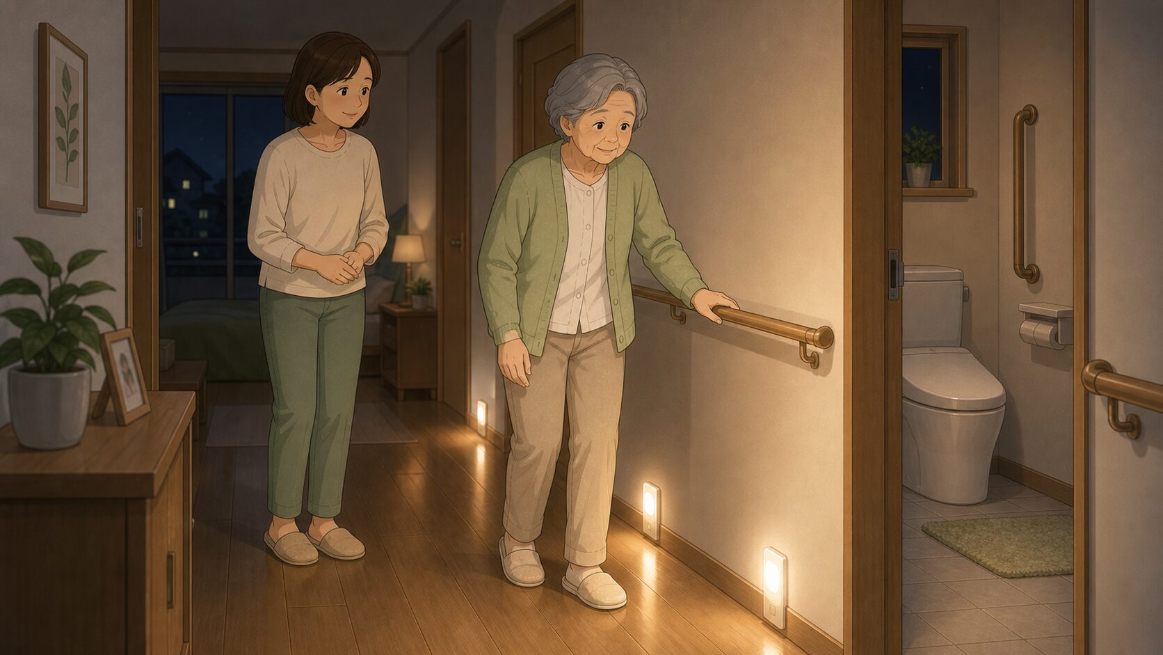 センサーライトや手すりを設置した廊下