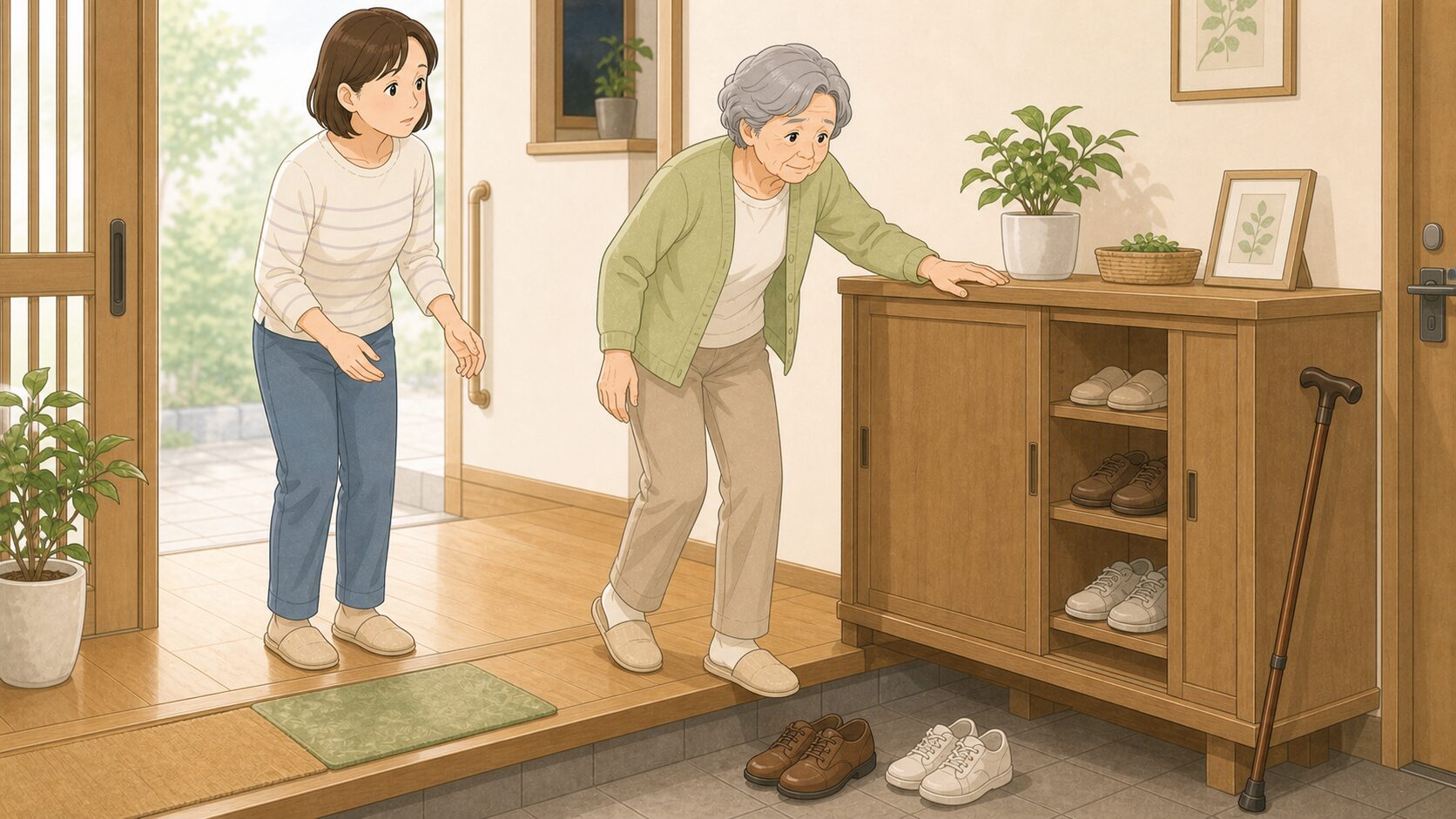 靴箱を支えにしている高齢者
