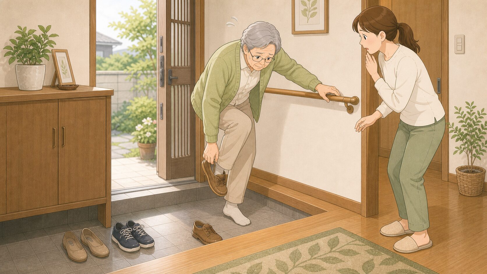 靴の脱ぎ履きでふらつく高齢者