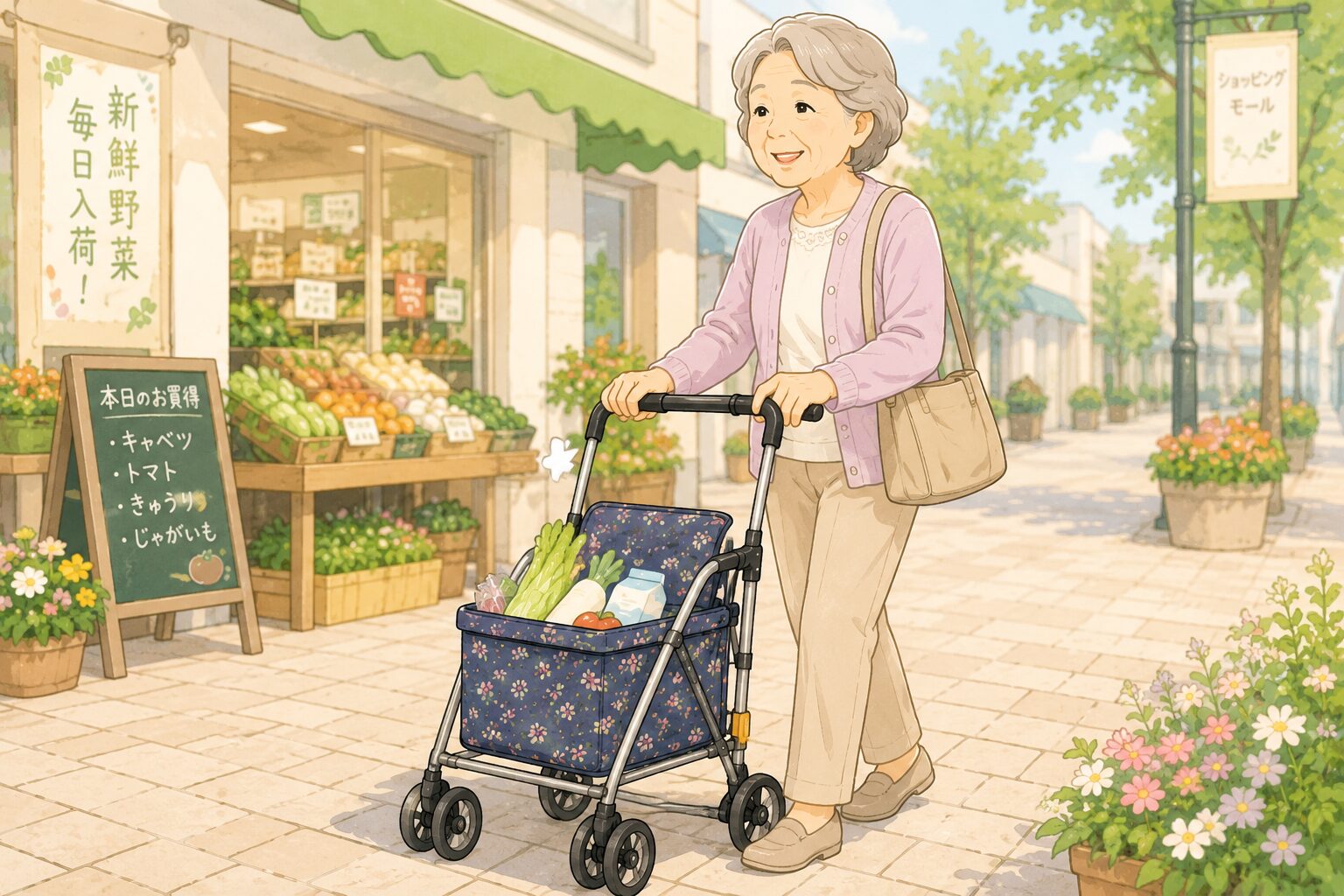 シルバーカーを押して安心して外出している高齢者