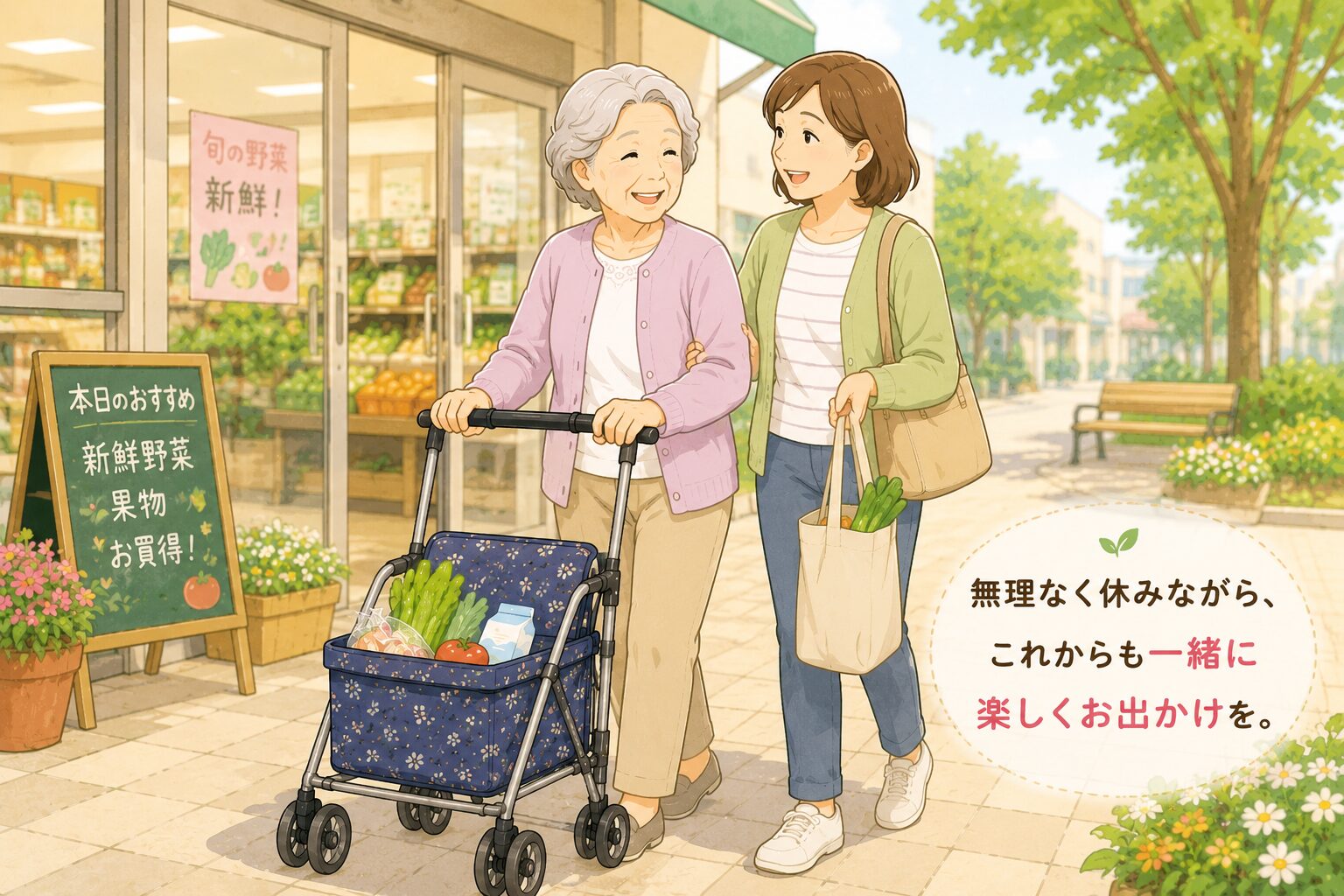 家族と一緒に無理なく買い物している高齢者