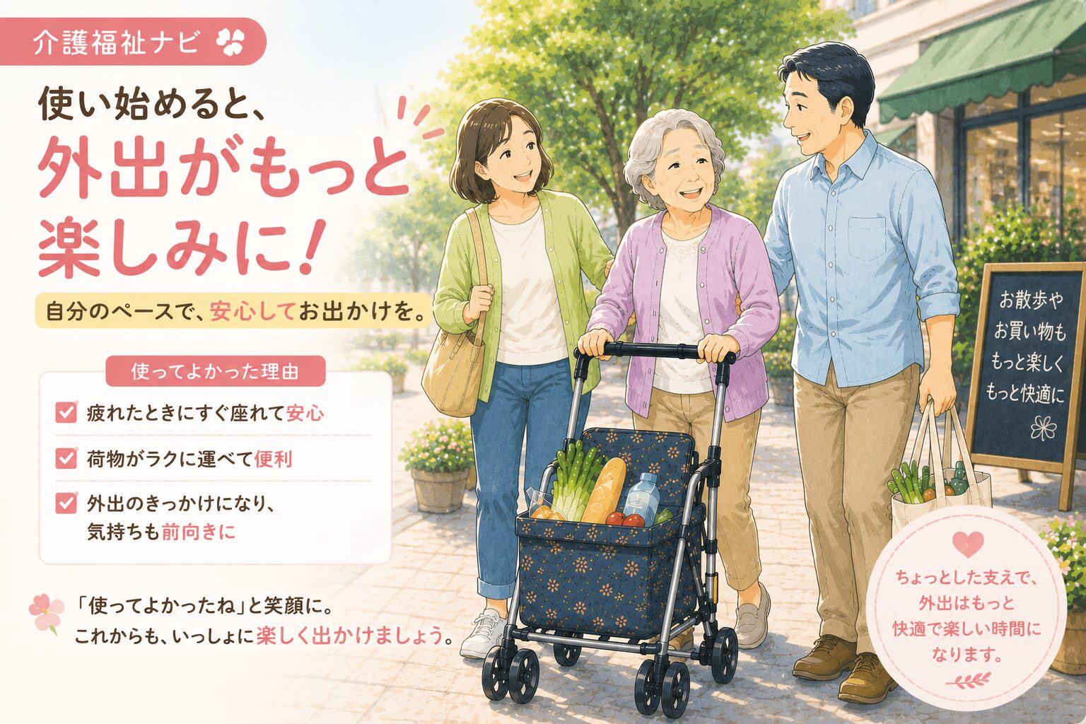 シルバーカーを前に迷う高齢者と、恥ずかしさへの考え方を伝えるアイキャッチ画像