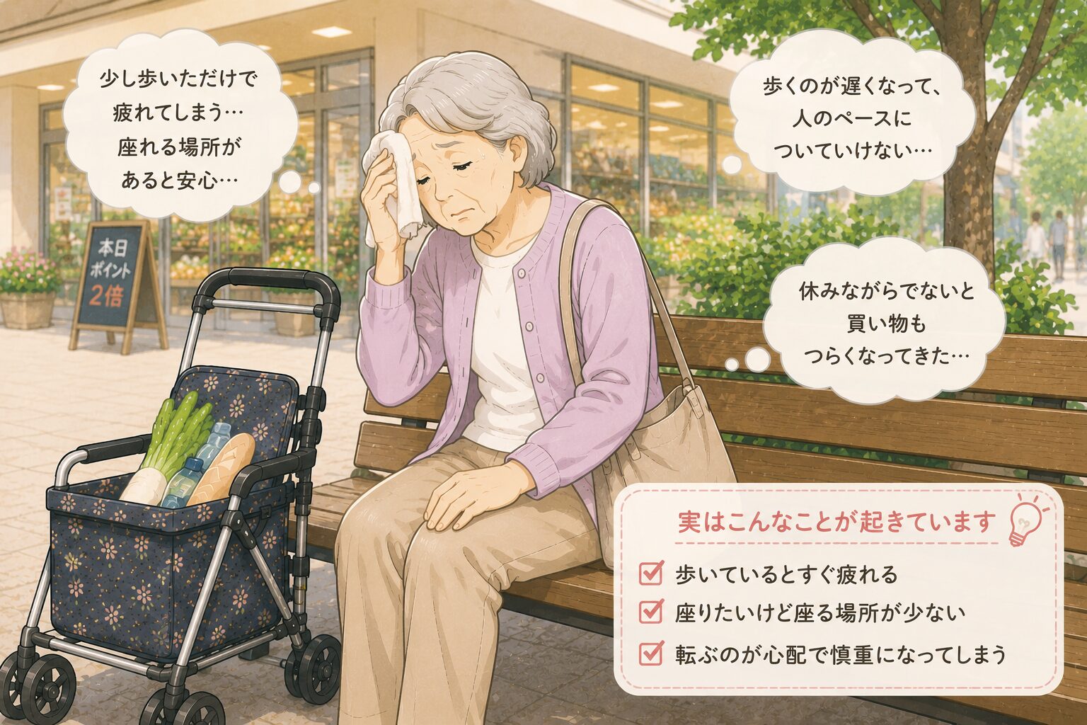 シルバーカーを使うか迷っている高齢者のイメージ