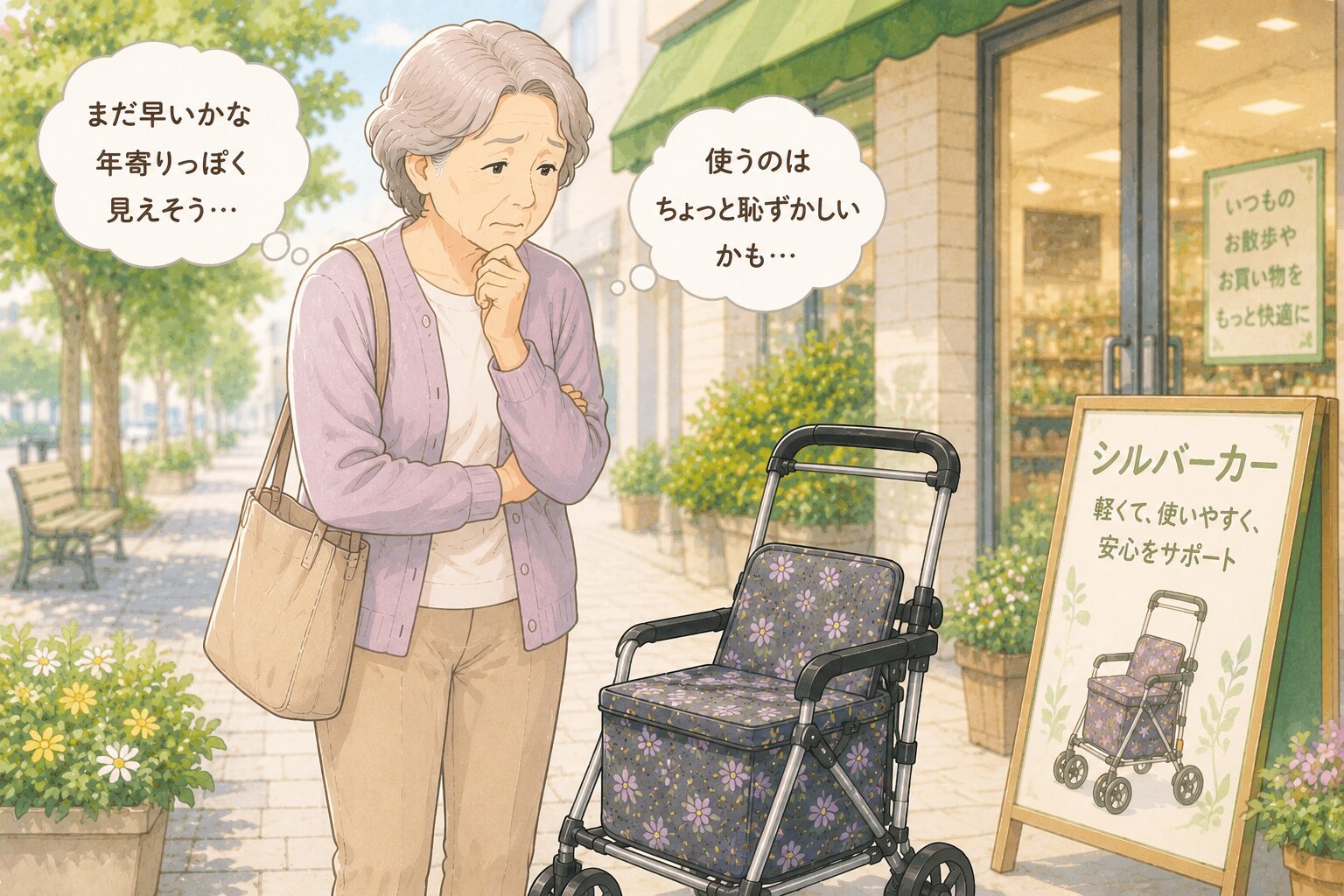 買い物途中で疲れてベンチに座って休む高齢者のイメージ