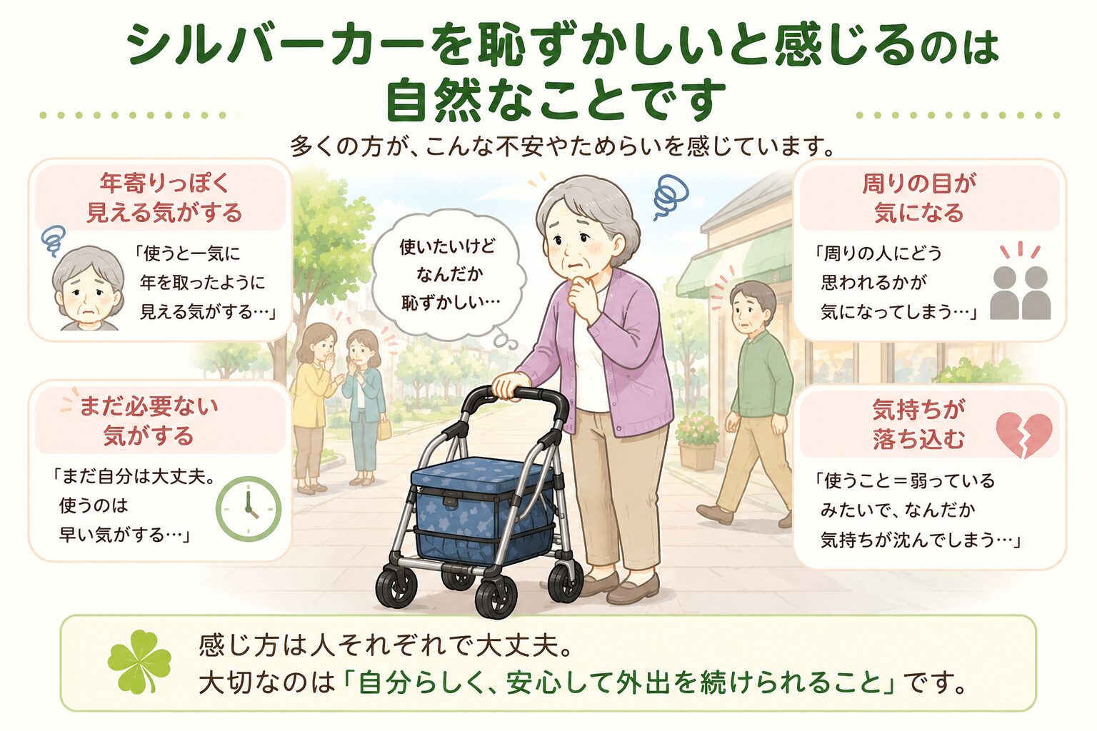 シルバーカーを使うことに不安や恥ずかしさを感じる高齢者のイメージ