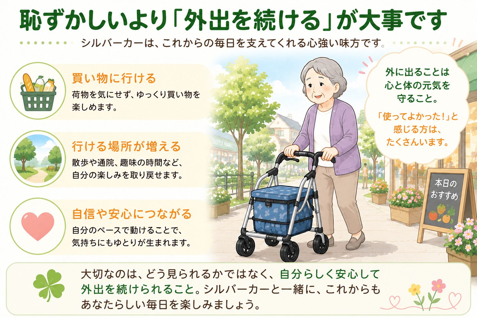 シルバーカーで外出を続ける前向きな高齢者のイメージ