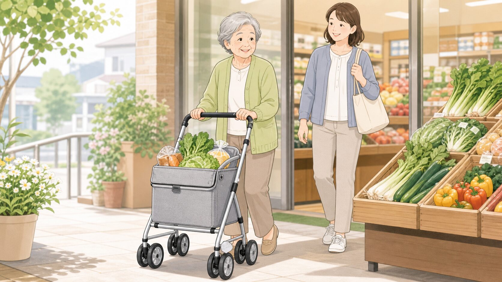シルバーカーで買い物をする高齢者