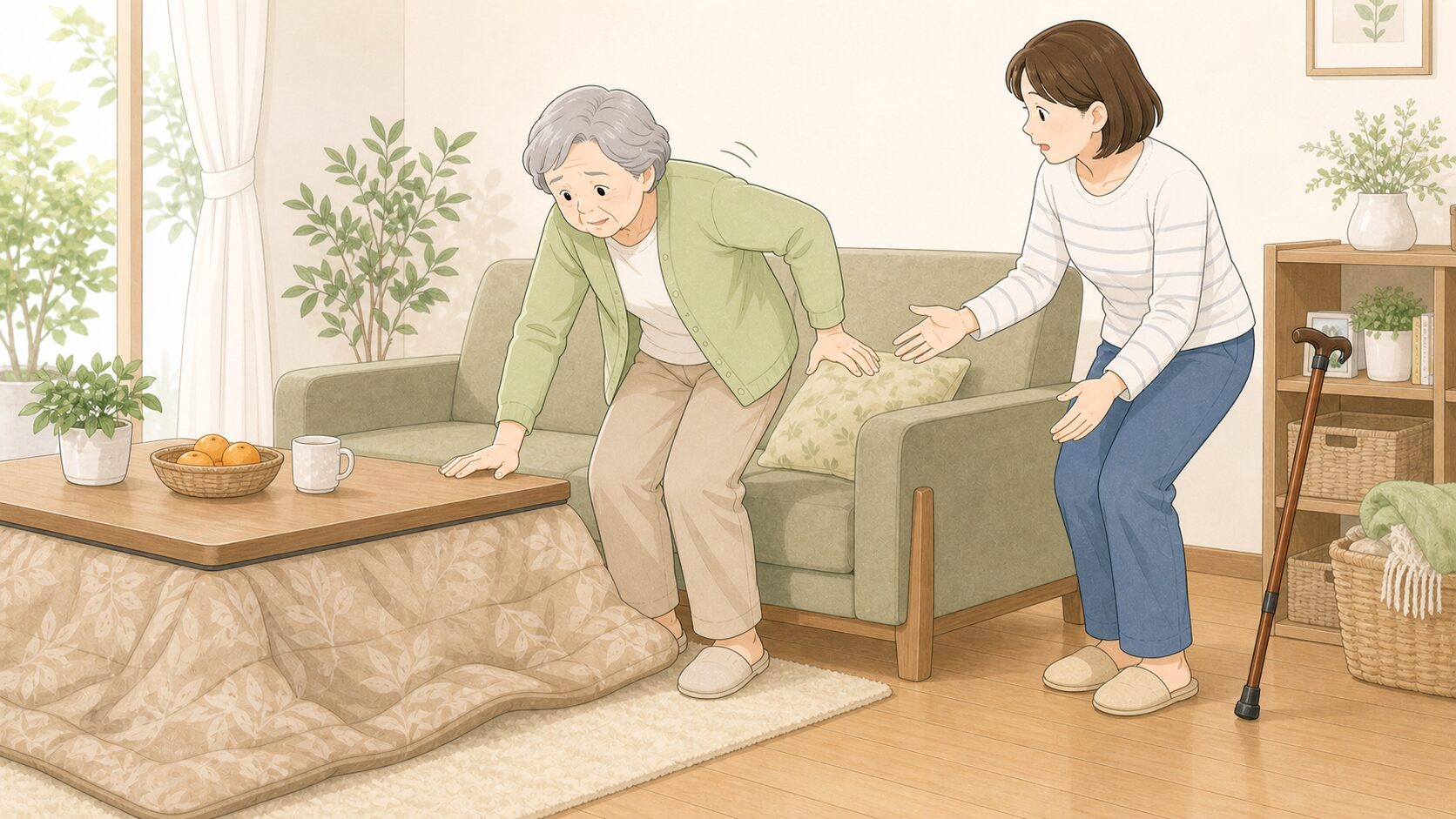 こたつやソファから立ち上がる高齢者