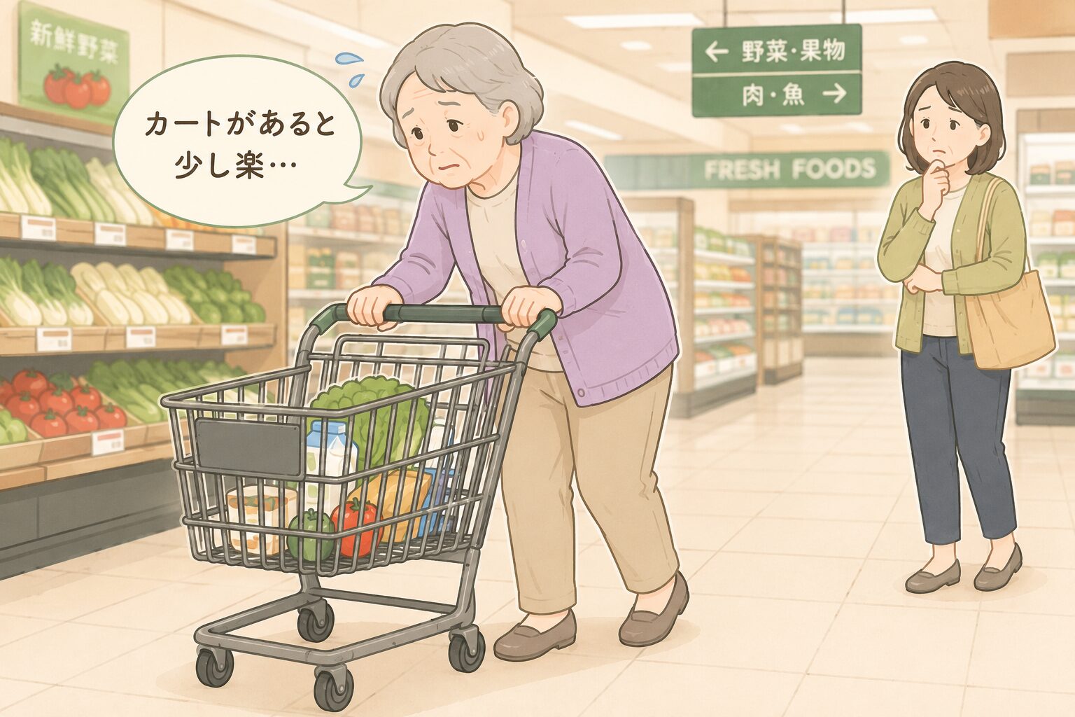 スーパーでカートに頼って歩く高齢者と心配する家族のイメージ