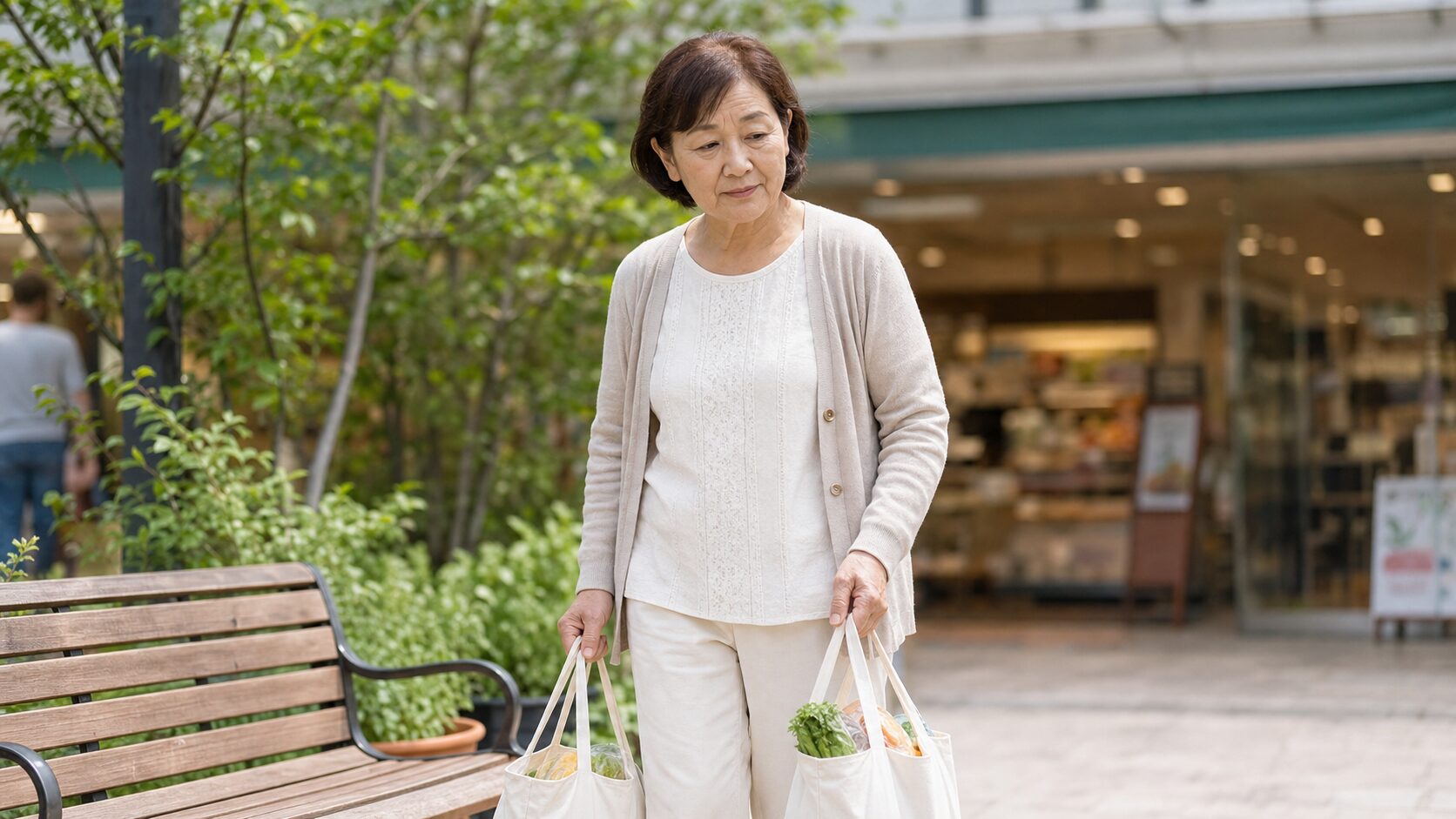 買い物帰りに荷物を持ちながら少し疲れている高齢女性