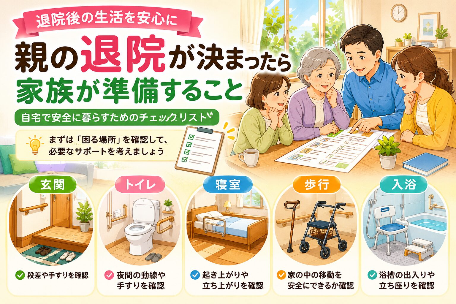 親の退院が決まったら家族が確認したい玄関トイレ寝室歩行入浴のチェックリスト