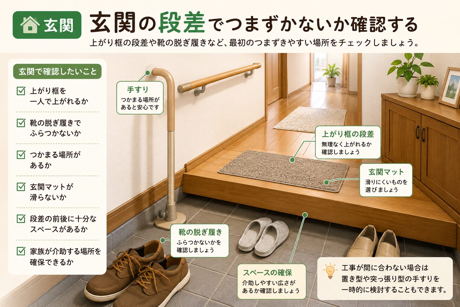 退院後に玄関の段差でつまずかないか確認するための玄関環境チェック