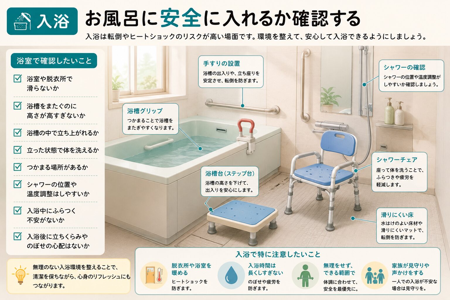 退院後にお風呂へ安全に入れるか確認するための入浴環境チェック
