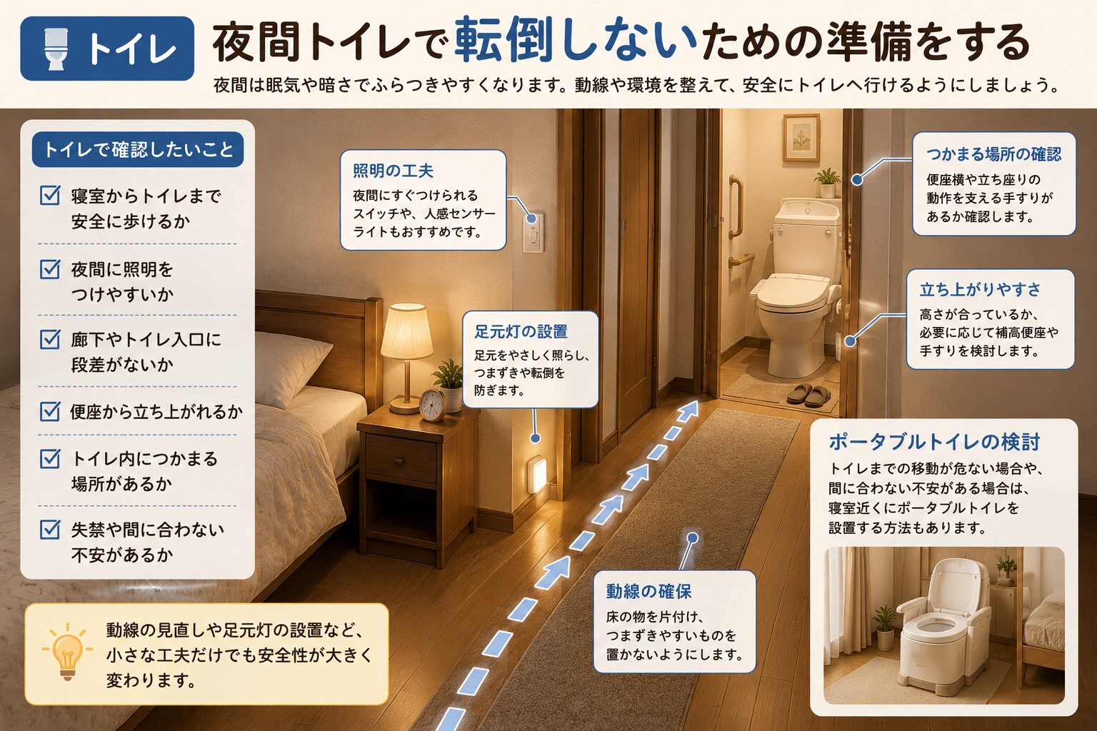 退院後に夜間トイレで転倒しないための寝室からトイレまでの動線チェック