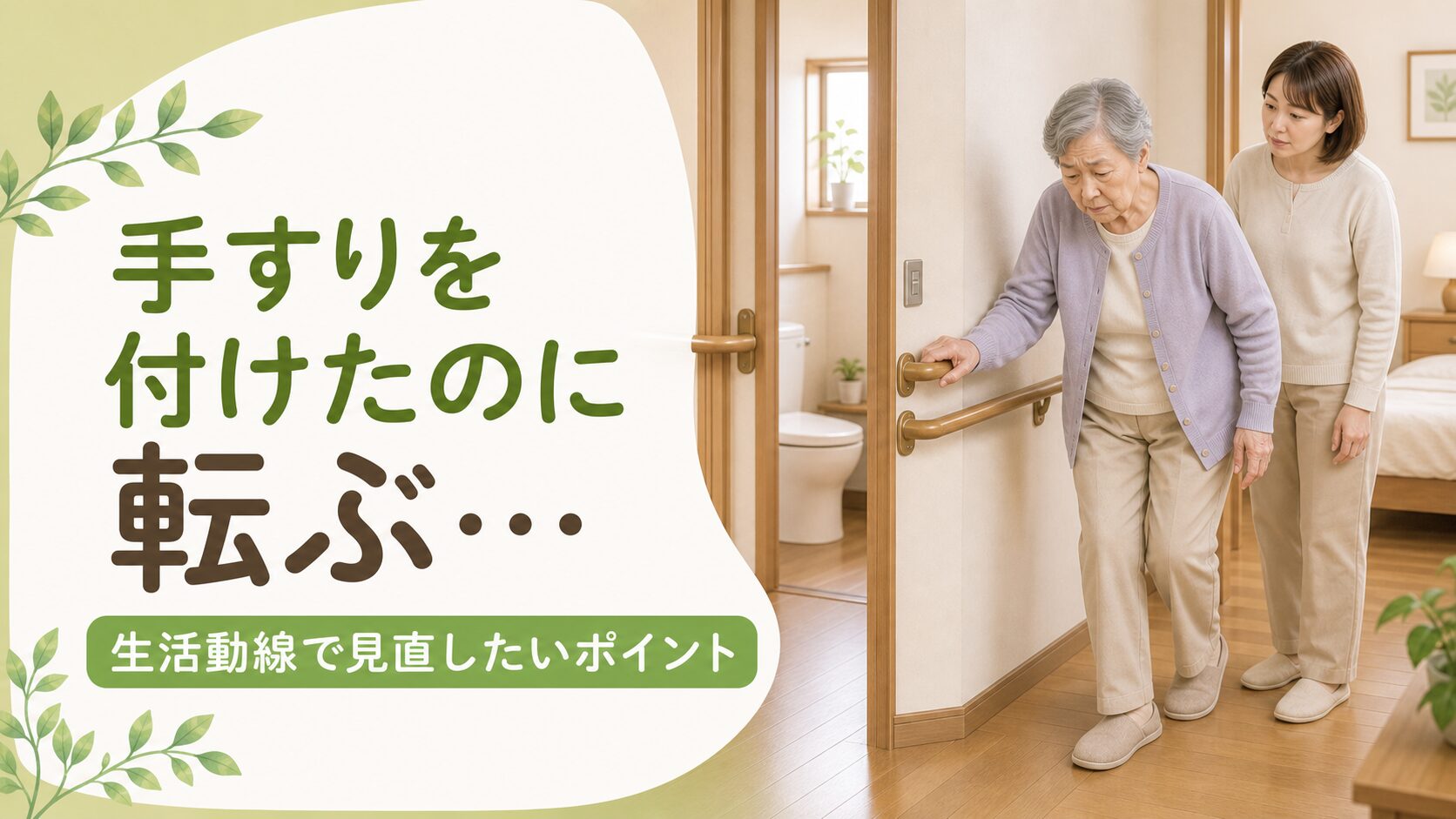 室内の手すりと生活動線を見直す高齢者と家族の転倒予防イメージ