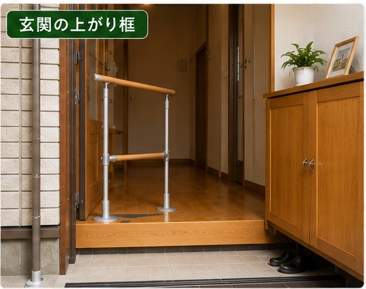 玄関上がり框で手すりを使う高齢者