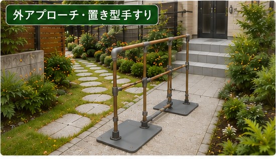 外アプローチで置き型手すりを使う高齢者