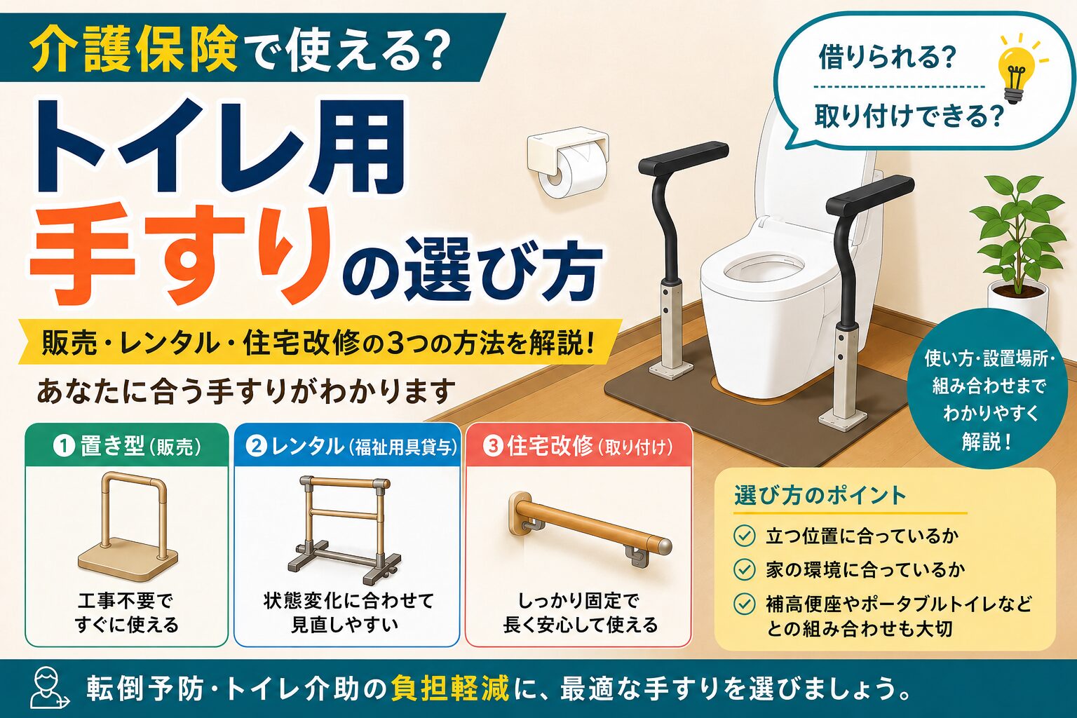 トイレ用手すりは介護保険で使える？販売・レンタル・住宅改修の選び方