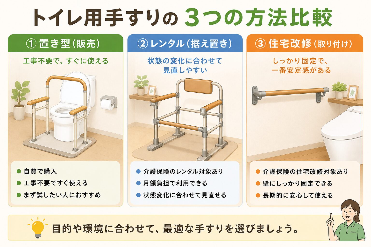トイレ用手すりの販売・レンタル・住宅改修の3つの方法を比較した図解
