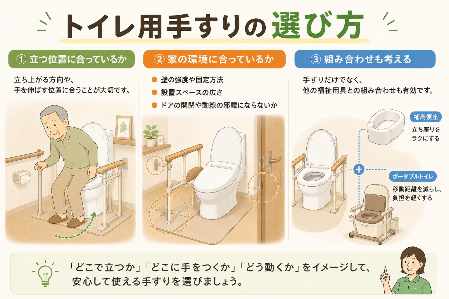 トイレ用手すりの選び方として立つ位置・家の環境・組み合わせを整理した図解