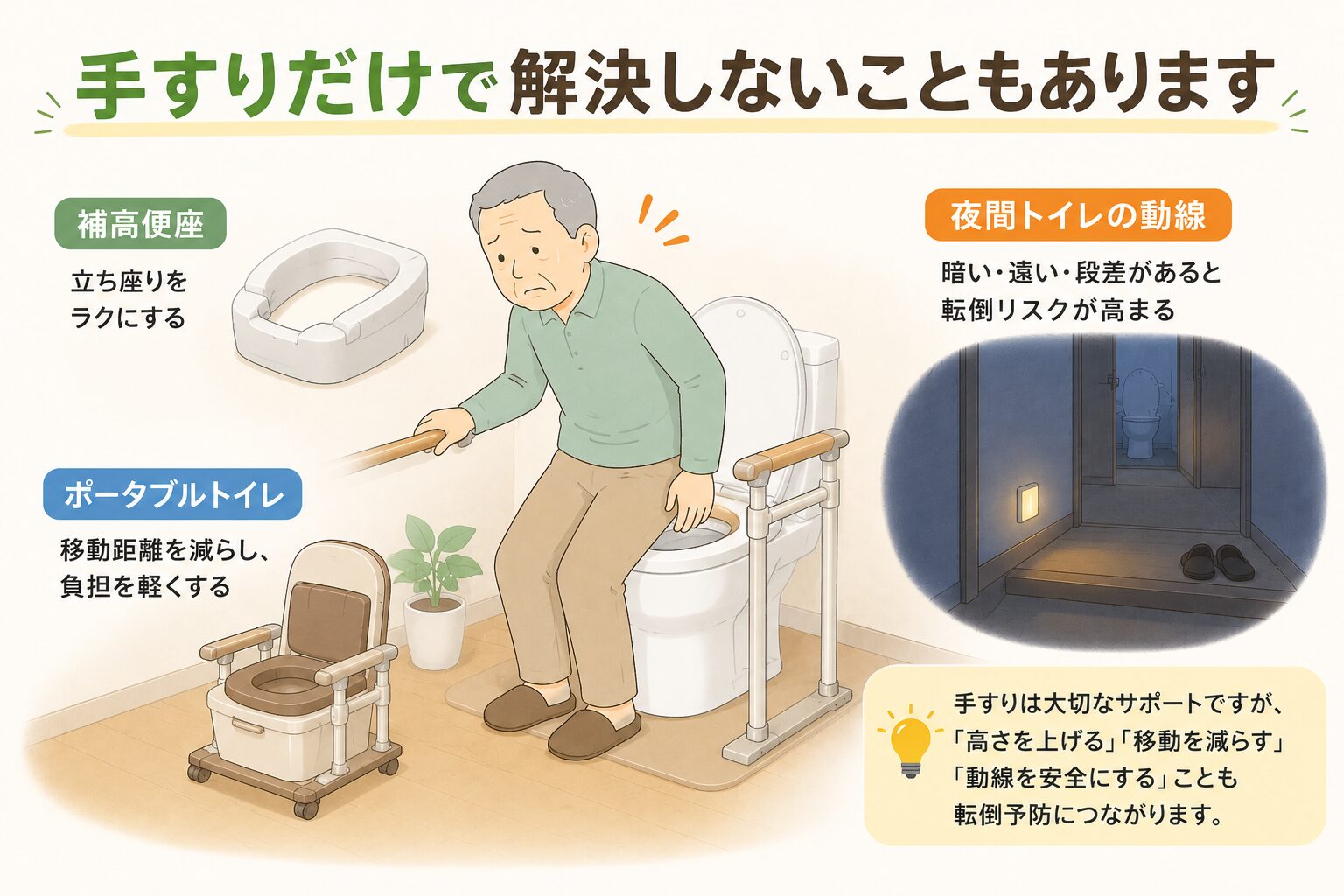トイレ用手すりだけで解決しないことと補高便座や夜間動線の対策をまとめた図解