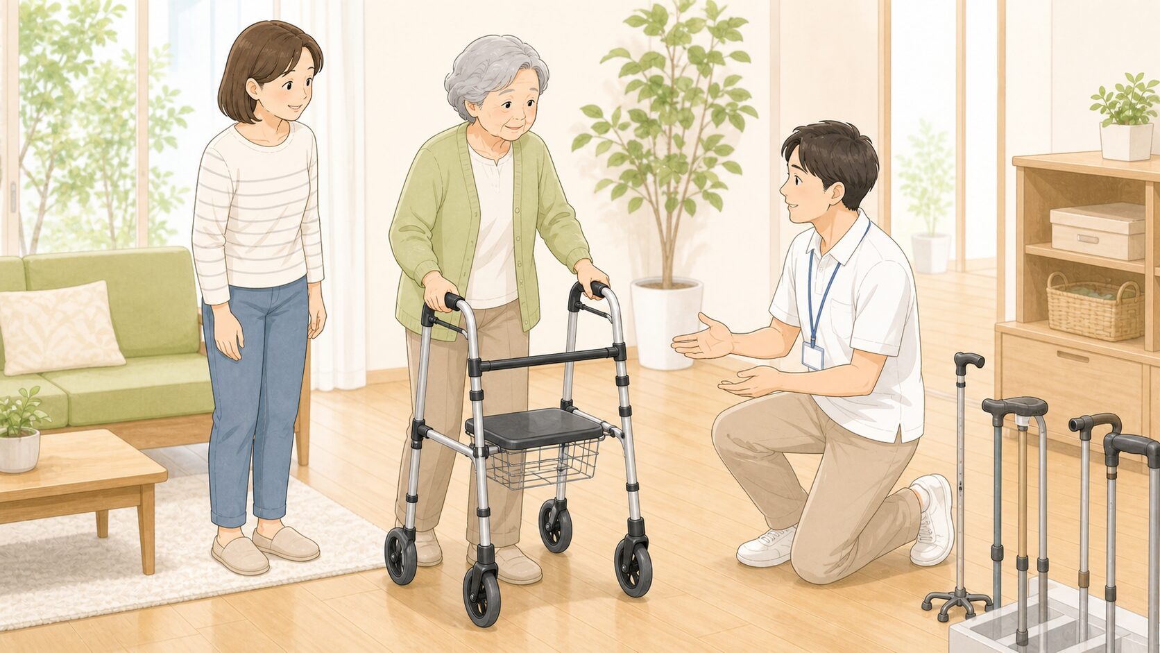 歩行器を試している高齢者