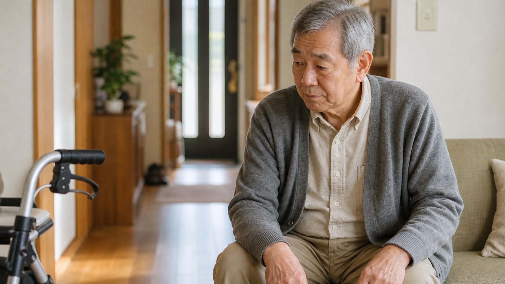 外出前に歩行器を使うか少し迷っている高齢男性