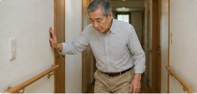 廊下を壁づたいに歩く高齢男性