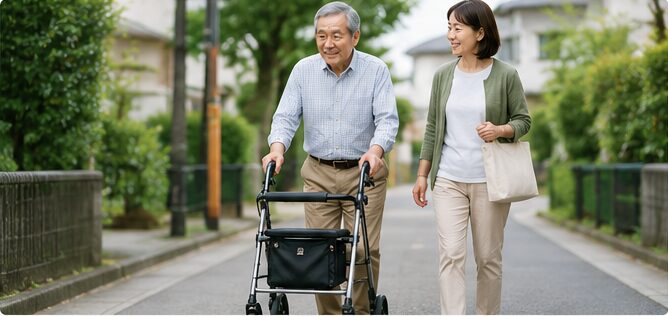 外で歩行器を使い安心して歩く高齢男性