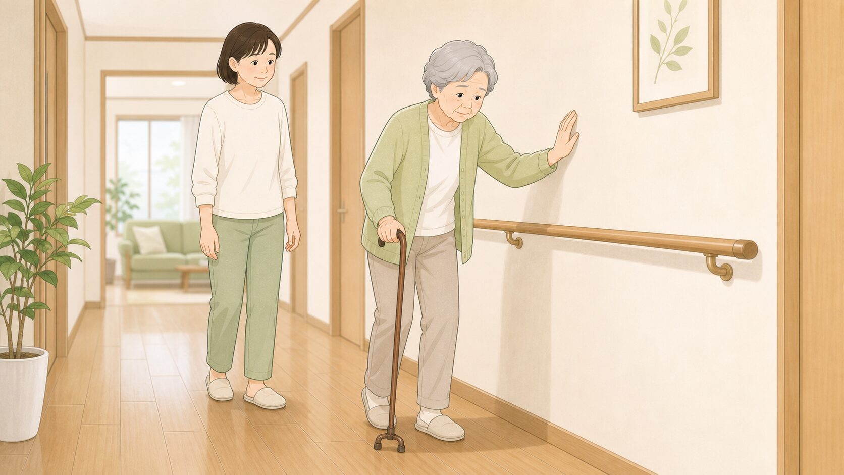 壁伝いで歩く高齢者