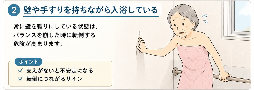 壁を持ちながら入浴している