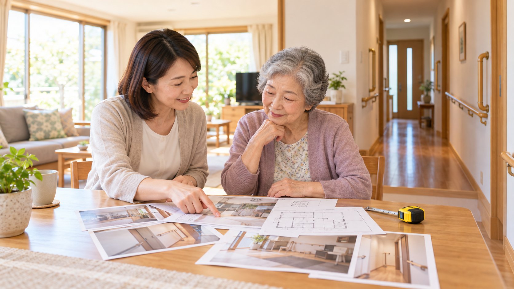 家族が退院準備や住宅改修の相談のために、自宅の写真と図面を広げて話し合っている様子
