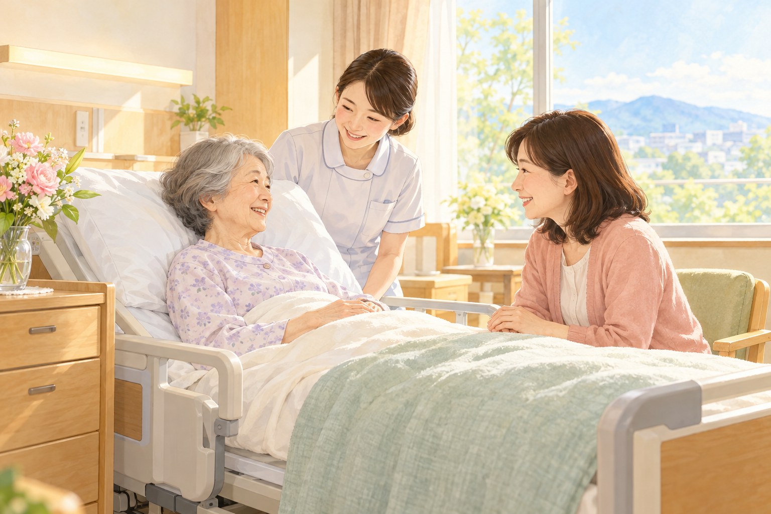 介護医療院の療養室で、看護師と家族が高齢の入所者に話しかけている様子