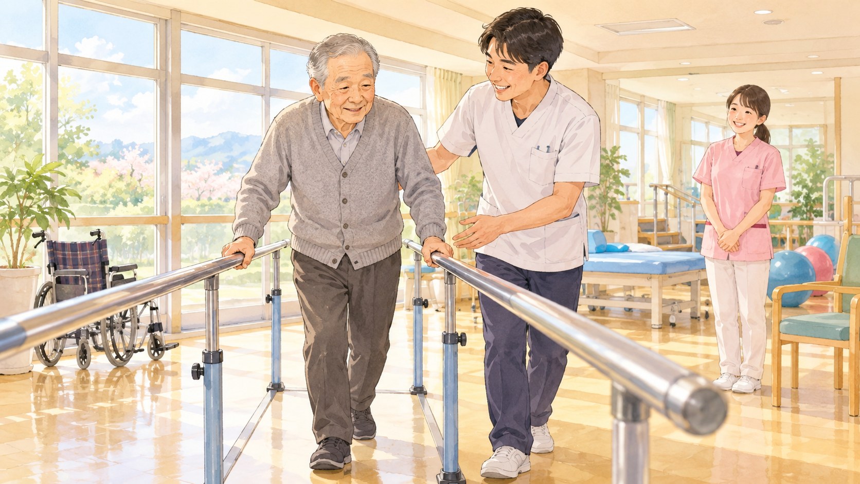 介護老人保健施設のリハビリ室で、高齢の男性が理学療法士に支えられて平行棒で歩く練習をしているイラスト