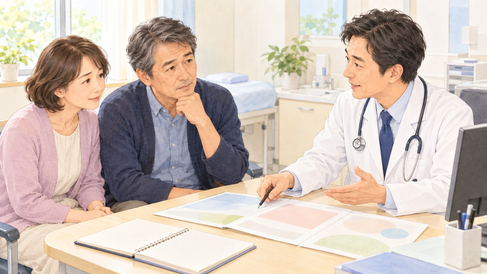 診察室で医師から病気の説明を受ける50代の男性と、隣で聞いている妻のイラスト